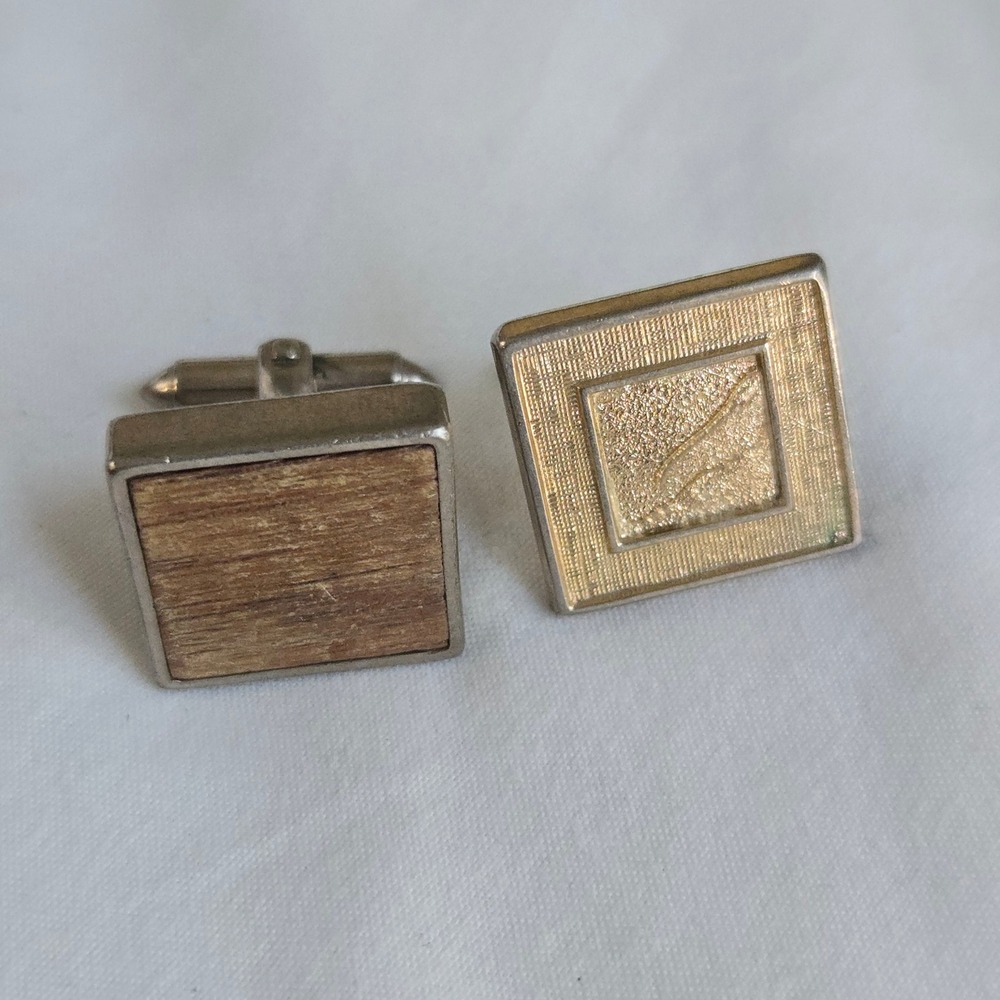VTG Mismatched Square Cufflinks Gold Brown Mens OS Wood Grain Jewelry‎ Unbranded